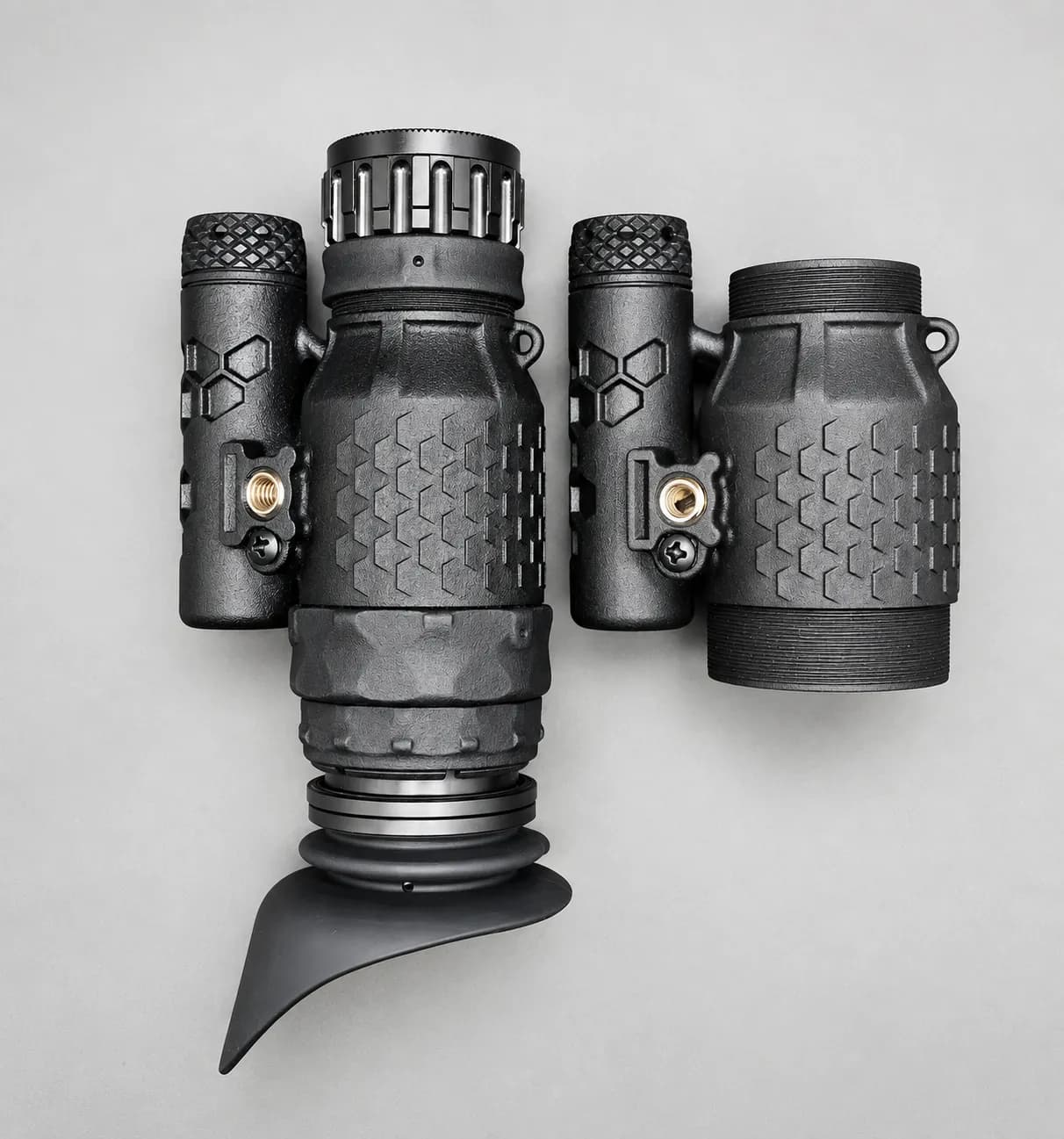 Complete LNVM and bare LNVM housing side by side, seen from above, grey studio background